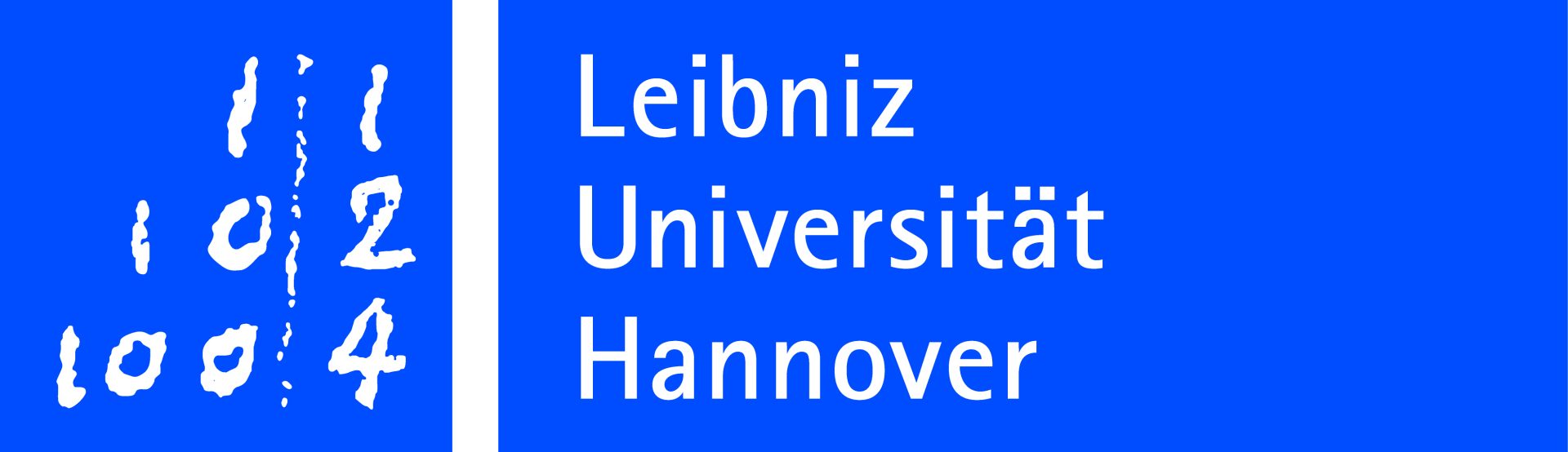 Die Wörter Leibniz Universität Hannover in weißer Schrift auf blauem Hintergrund.